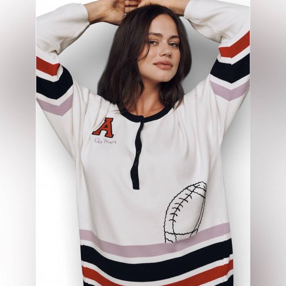 Anthropologie Daily Practice Go Team Football Henley Sweater Cream M NWT